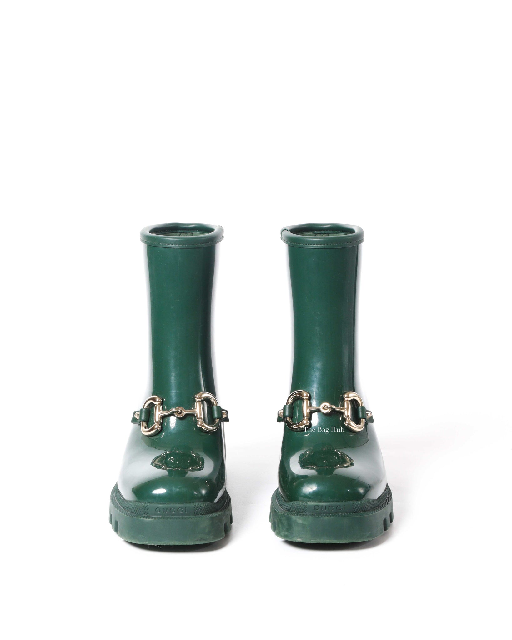 Gucci Green Accent Rubber Horsebit Rain Boots Size 37