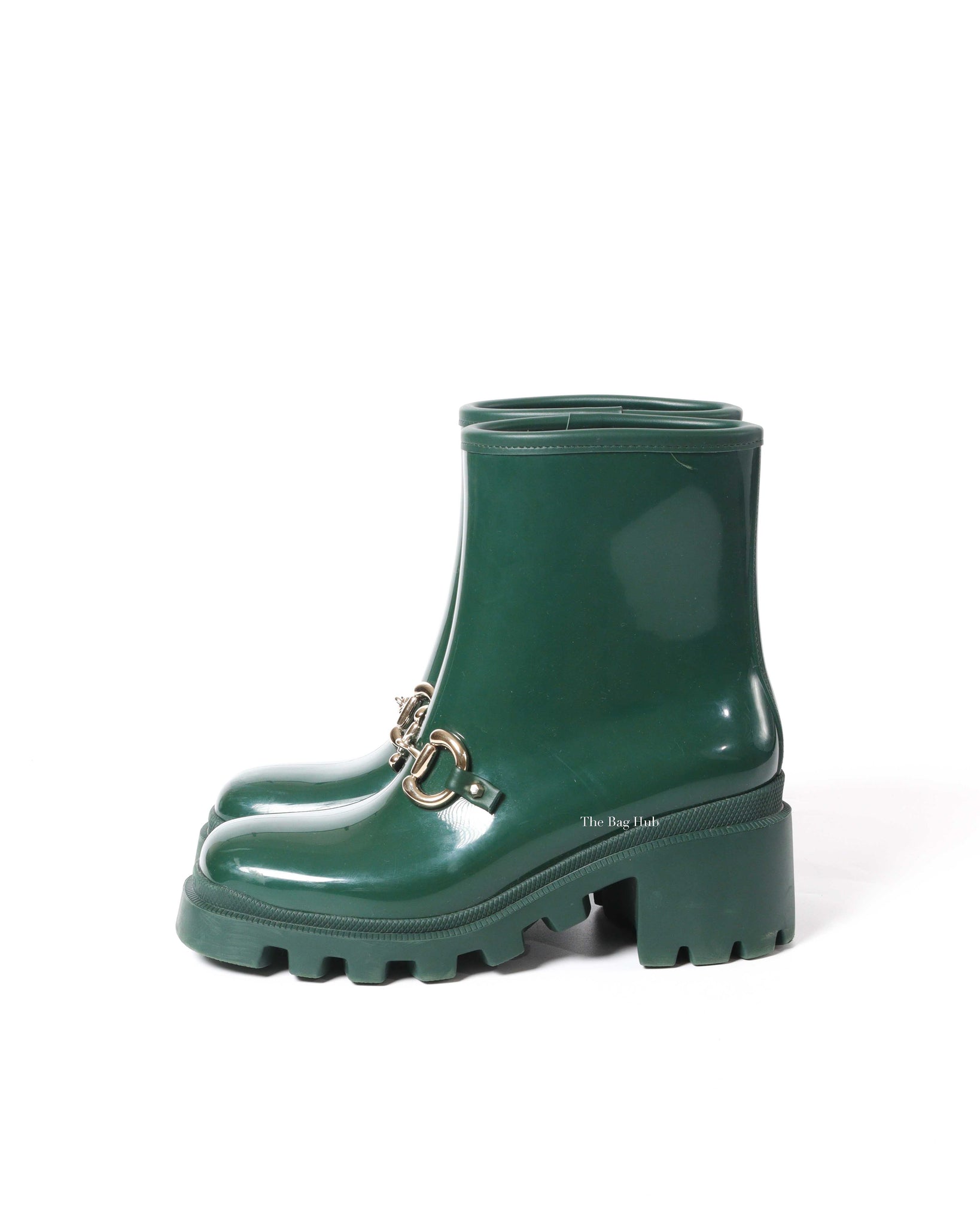 Gucci Green Accent Rubber Horsebit Rain Boots Size 37