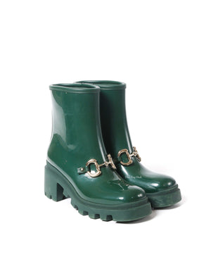 Gucci Green Accent Rubber Horsebit Rain Boots Size 37