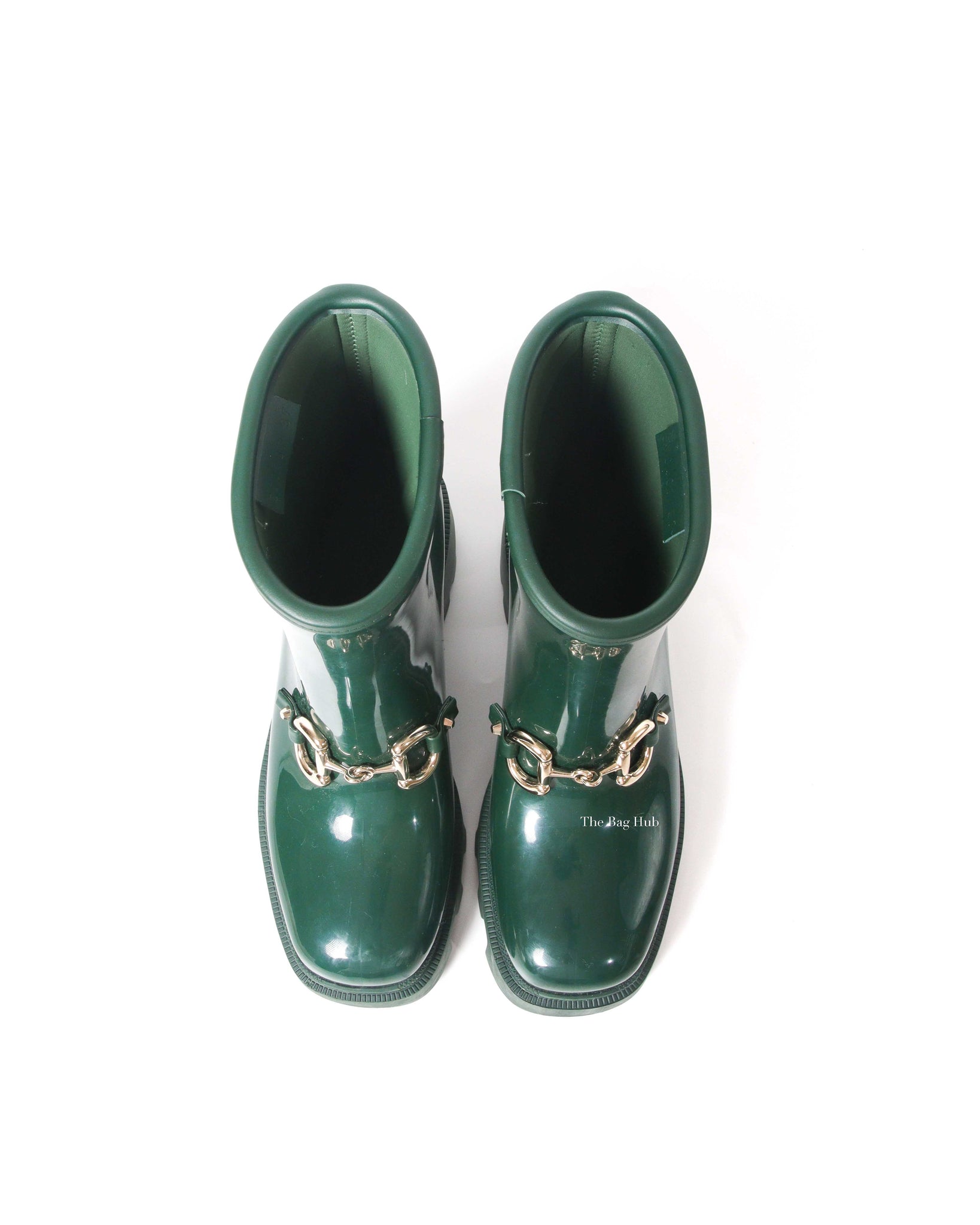 Gucci Green Accent Rubber Horsebit Rain Boots Size 37
