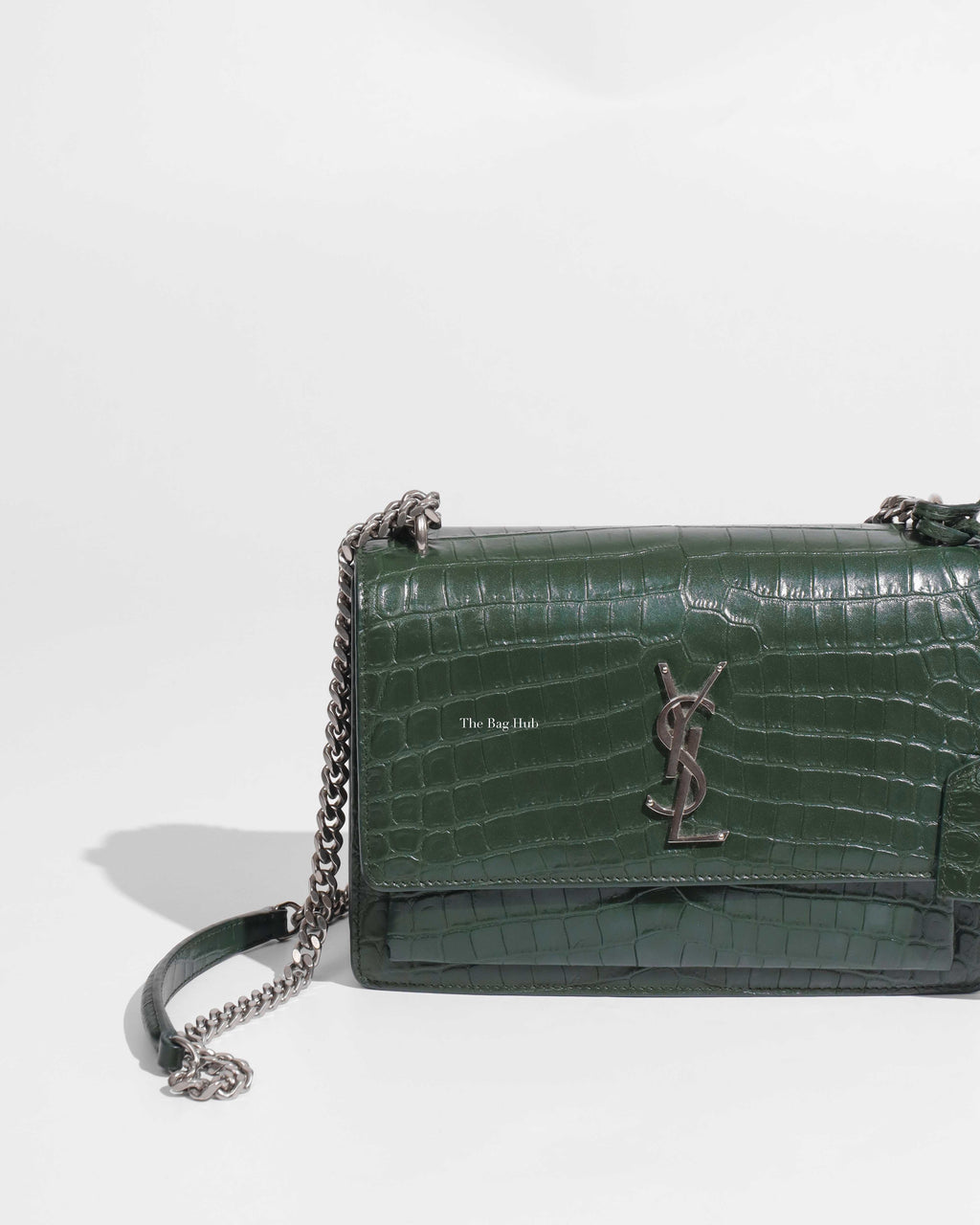 Saint Laurent Green Croc Embossed Leather Medium Sunset Shoulder Bag-1