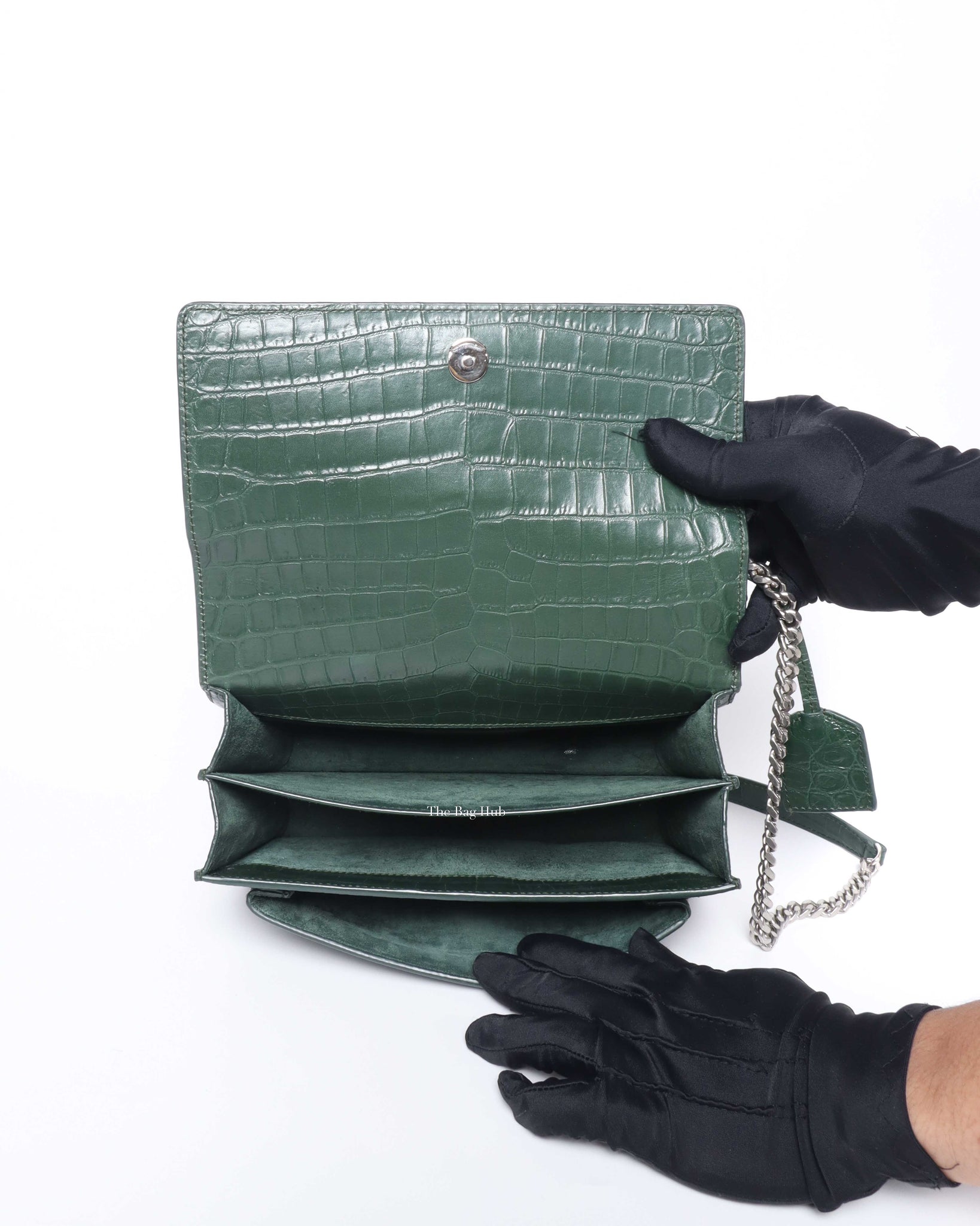Saint Laurent Green Croc Embossed Leather Medium Sunset Shoulder Bag-11