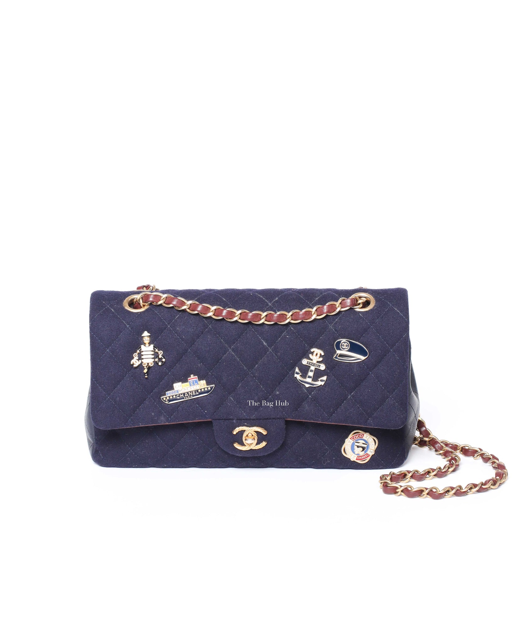 Chanel Navy Blue Wool Paris-Hamburg Charms Classic Double Flap Bag GHW, Designer Brand, Authentic Chanel