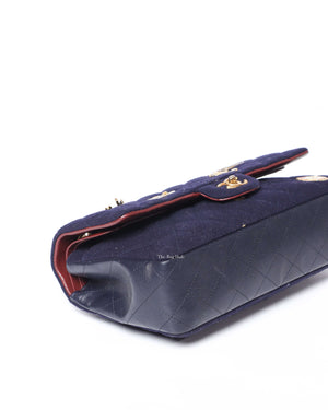 Chanel Navy Blue Wool Paris-Hamburg Charms Classic Double Flap Bag GHW