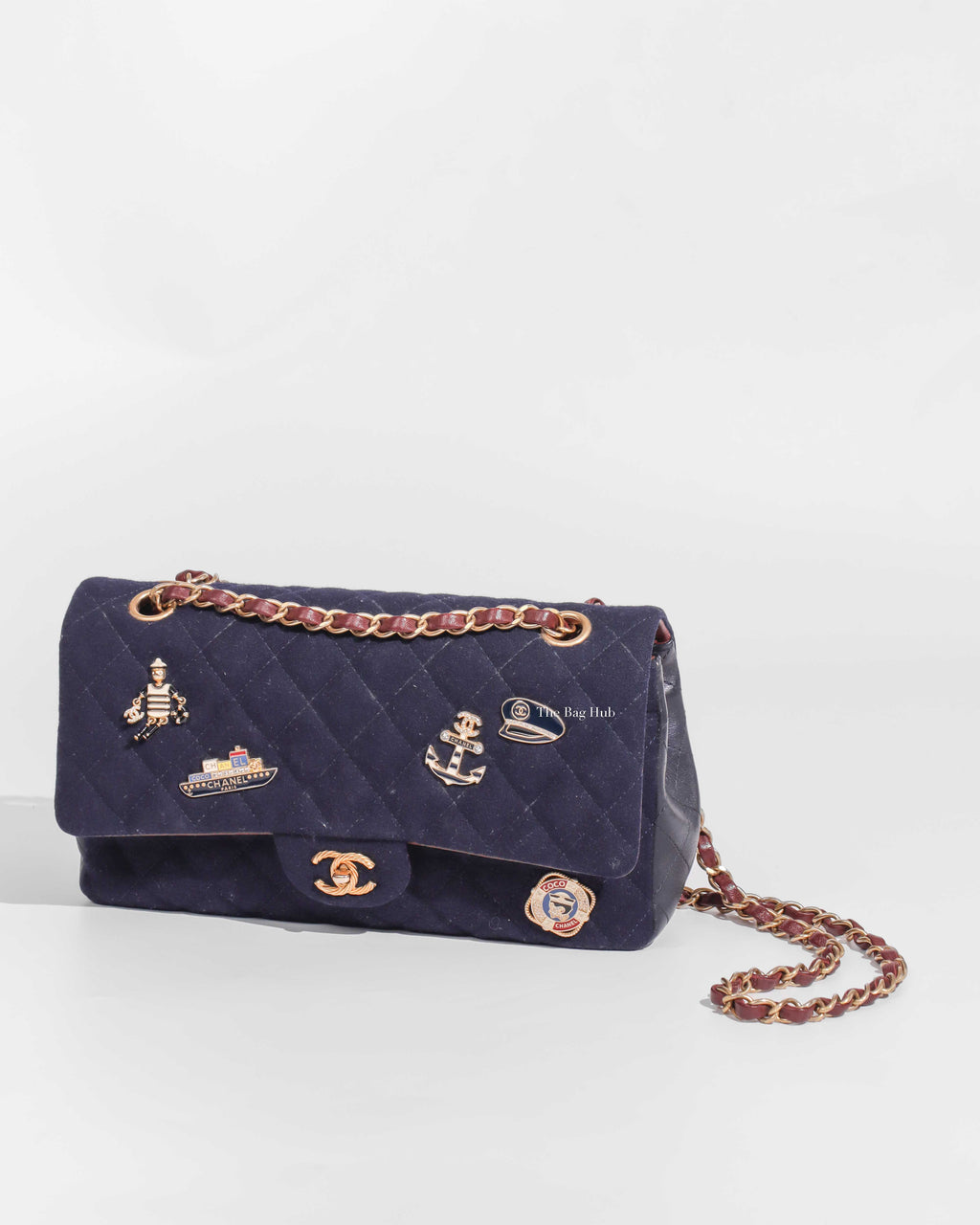 Chanel Navy Blue Wool Paris-Hamburg Charms Classic Double Flap Bag GHW