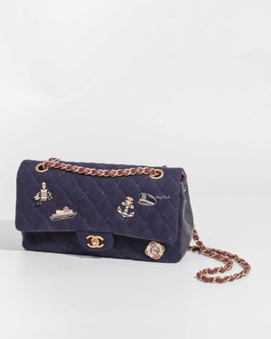 Chanel Navy Blue Wool Paris-Hamburg Charms Classic Double Flap Bag GHW, Designer Brand, Authentic Chanel
