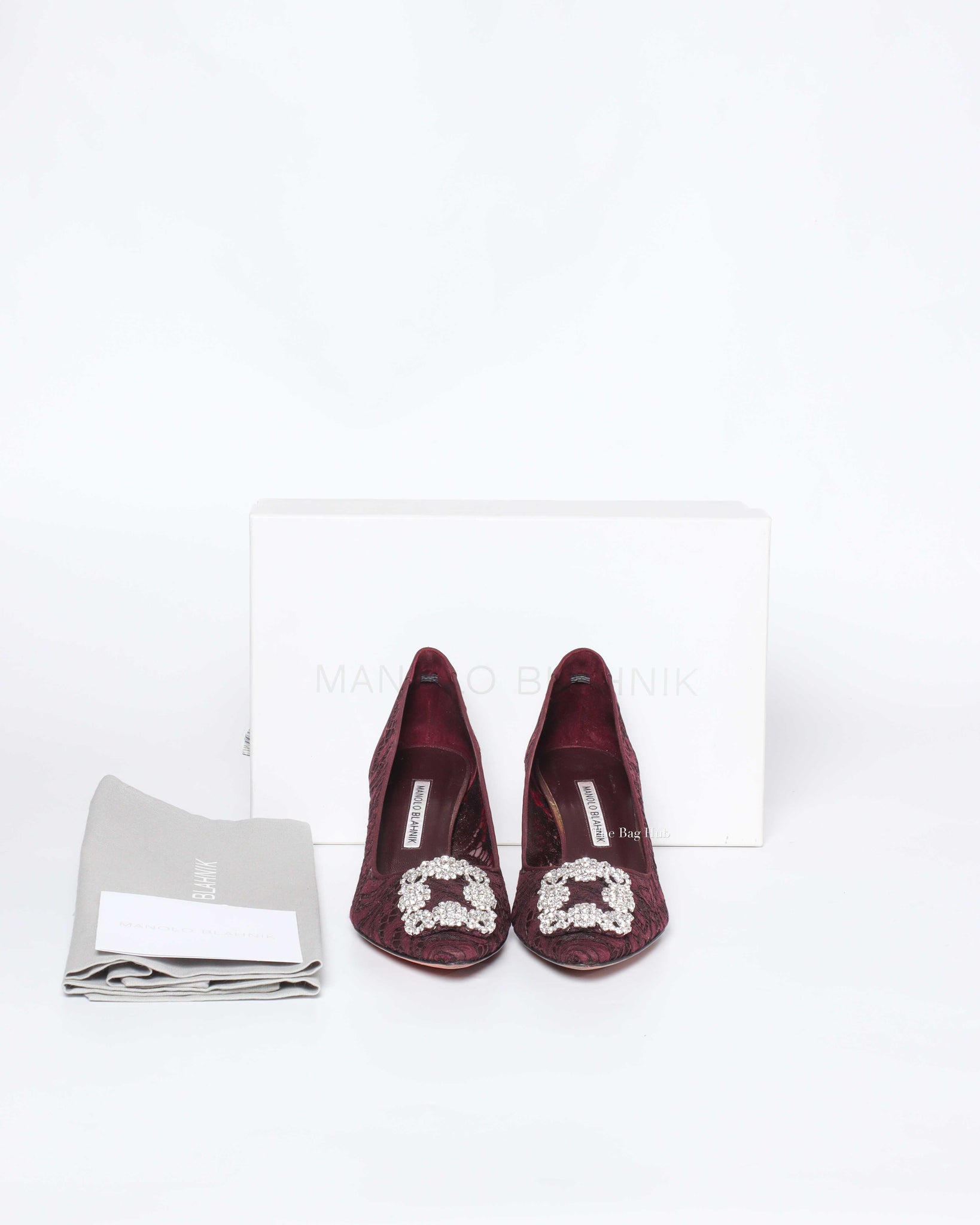 Manolo Blahnik Maroon Hangisi Lace 50 Jewel Buckle Pumps Size 38.5