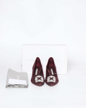 Manolo Blahnik Maroon Hangisi Lace 50 Jewel Buckle Pumps Size 38.5