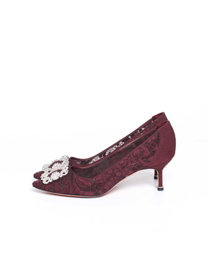 Manolo Blahnik Maroon Hangisi Lace 50 Jewel Buckle Pumps Size 38.5