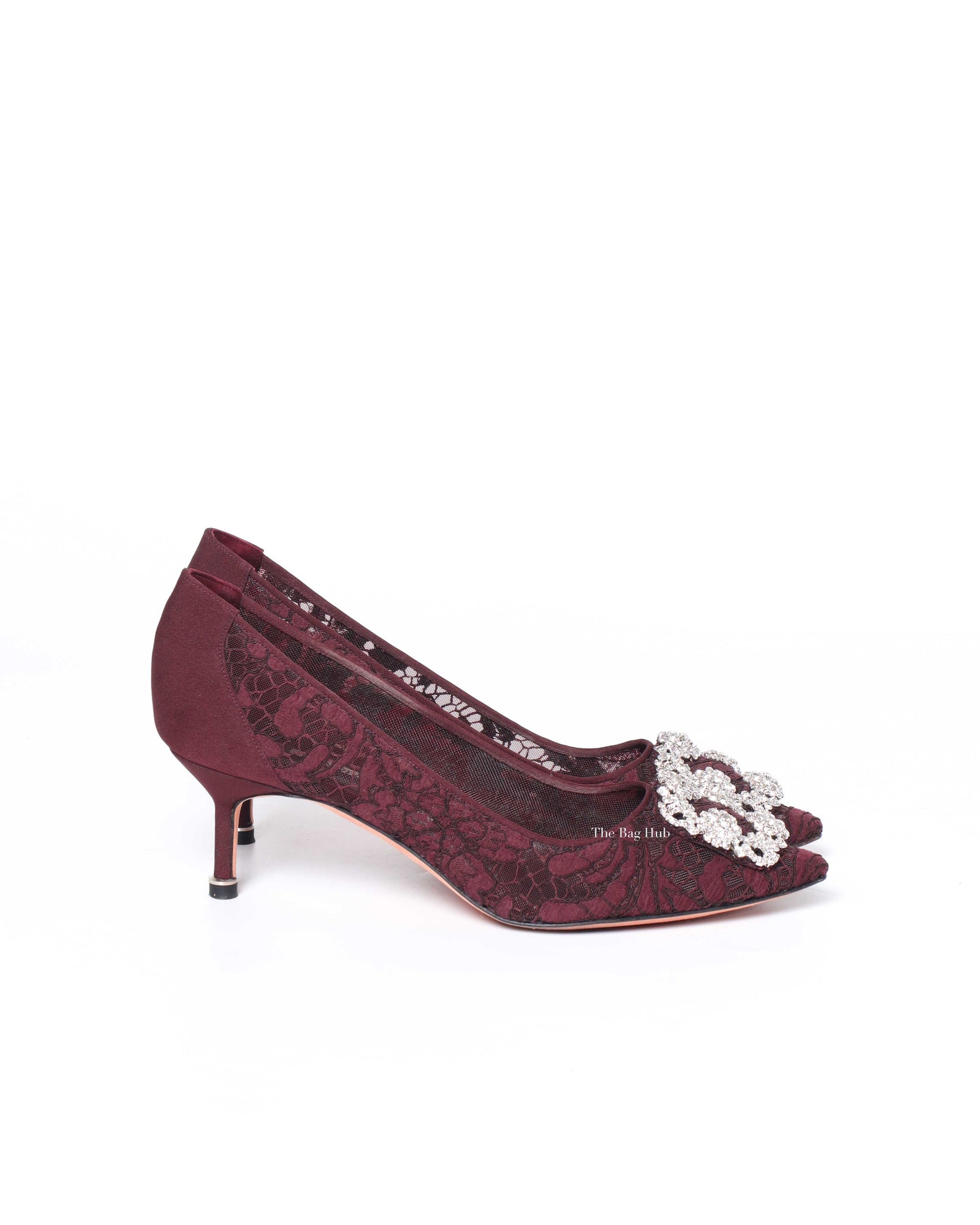 Manolo Blahnik Maroon Hangisi Lace 50 Jewel Buckle Pumps Size 38.5