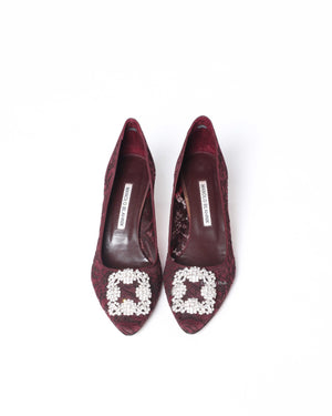 Manolo Blahnik Maroon Hangisi Lace 50 Jewel Buckle Pumps Size 38.5