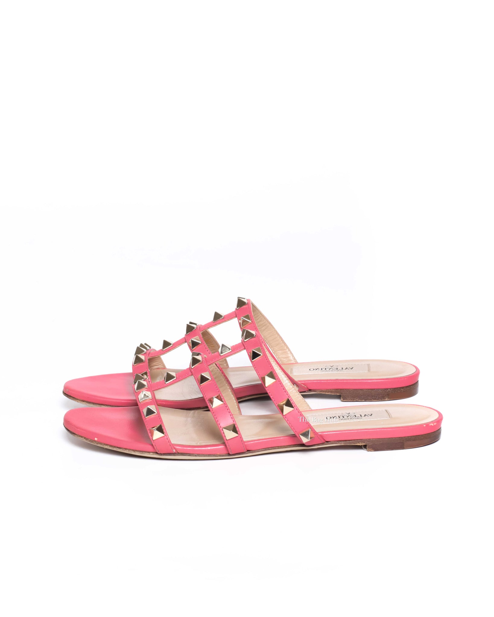 Valentino Pink Leather Rockstud Caged Flat Slides Size 35