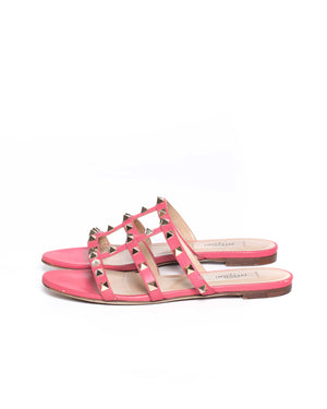 Valentino Pink Leather Rockstud Caged Flat Slides Size 35