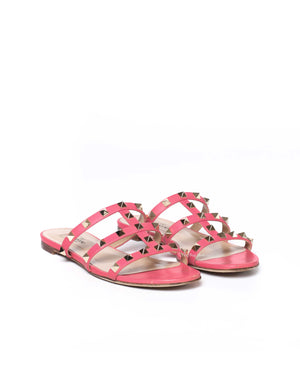 Valentino Pink Leather Rockstud Caged Flat Slides Size 35