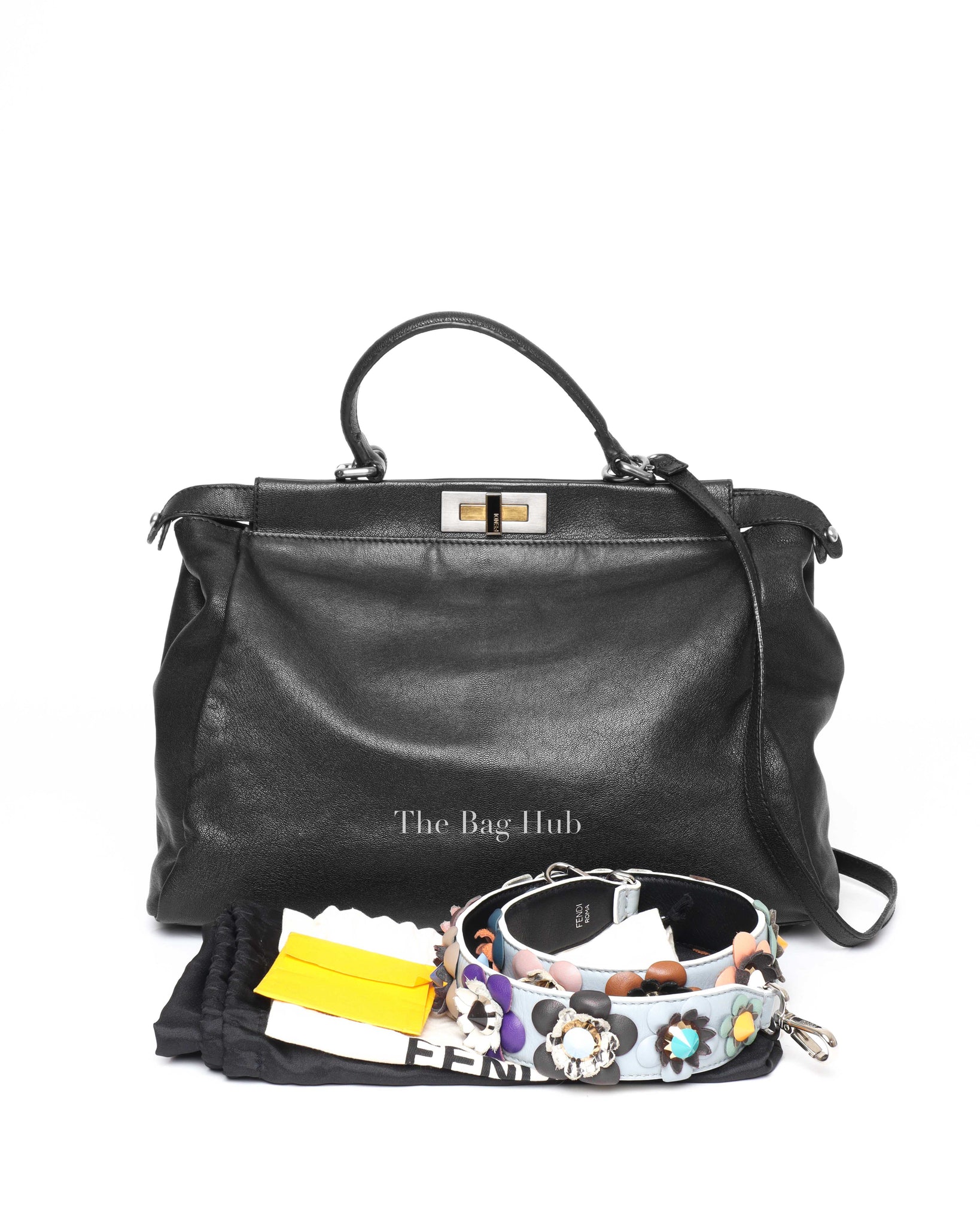 Fendi Black Leather Peekaboo Large with Floral Strap