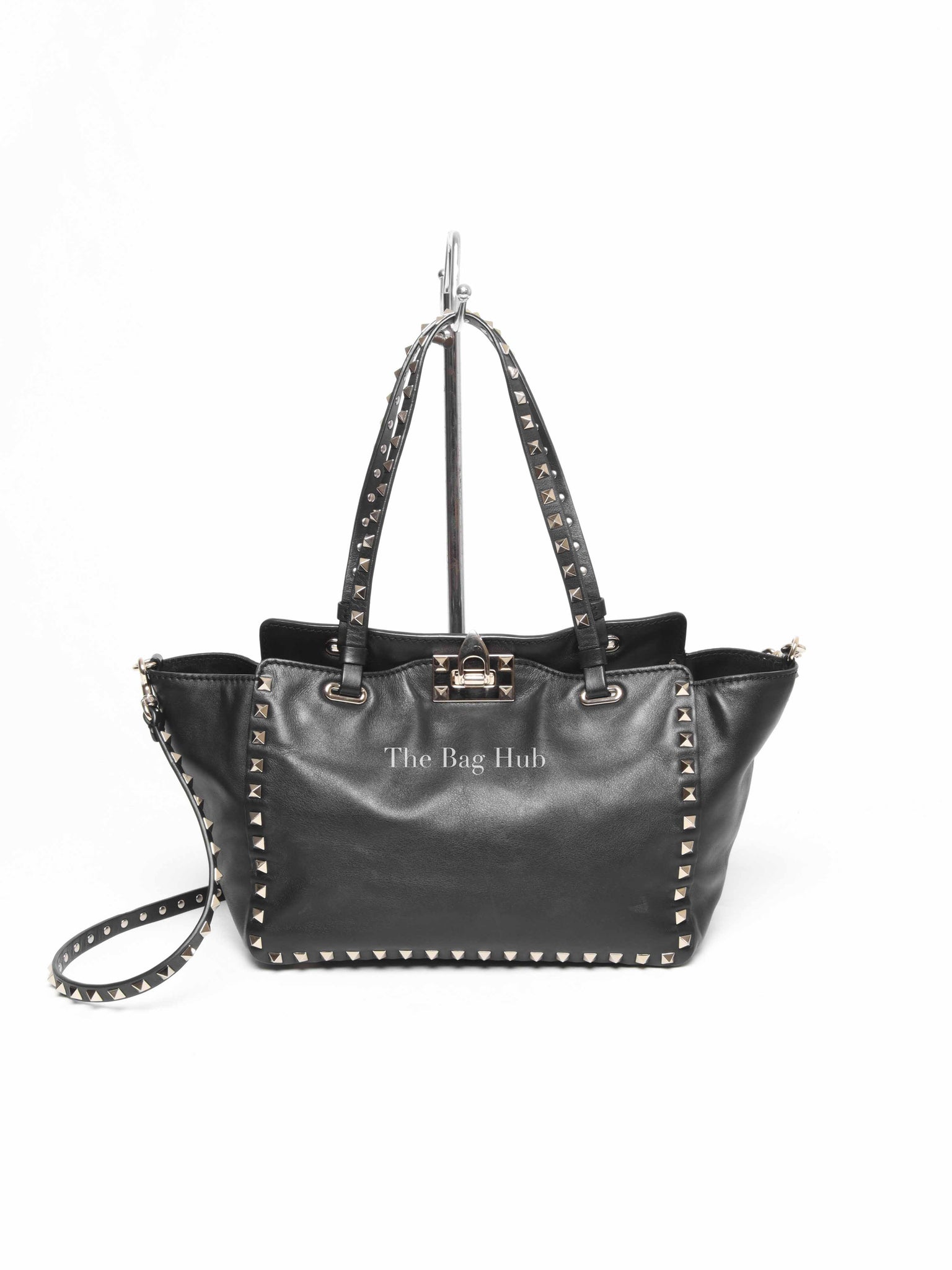 Valentino Black Leather Rockstud Satchel Small Tote Bag