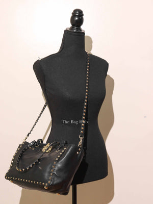 Valentino Black Leather Rockstud Satchel Small Tote Bag