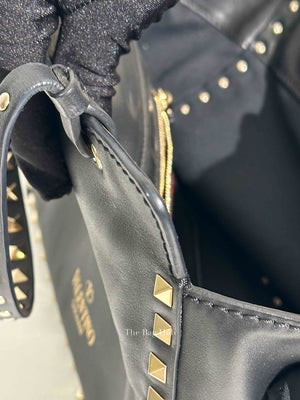 Valentino Black Leather Rockstud Satchel Small Tote Bag