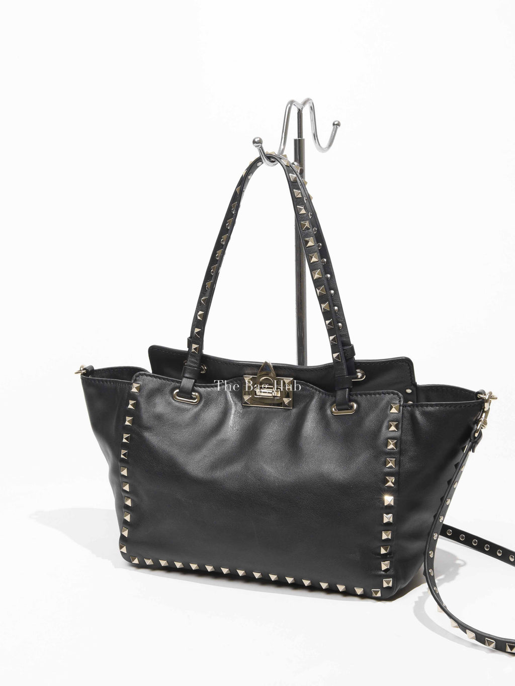Valentino Black Leather Rockstud Satchel Small Tote Bag