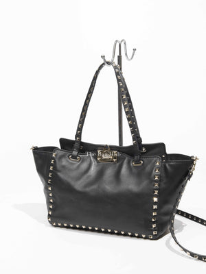 Valentino Black Leather Rockstud Satchel Small Tote Bag
