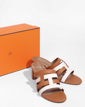 Hermes White/Brown Leather Amica Sandals Size 40.5-2