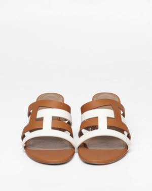 Hermes White/Brown Leather Amica Sandals Size 40.5-4