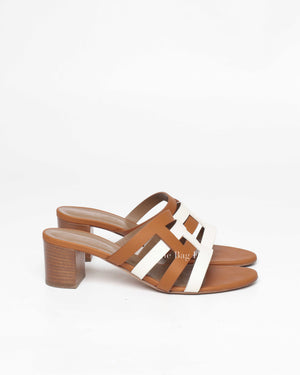 Hermes White/Brown Leather Amica Sandals Size 40.5-5