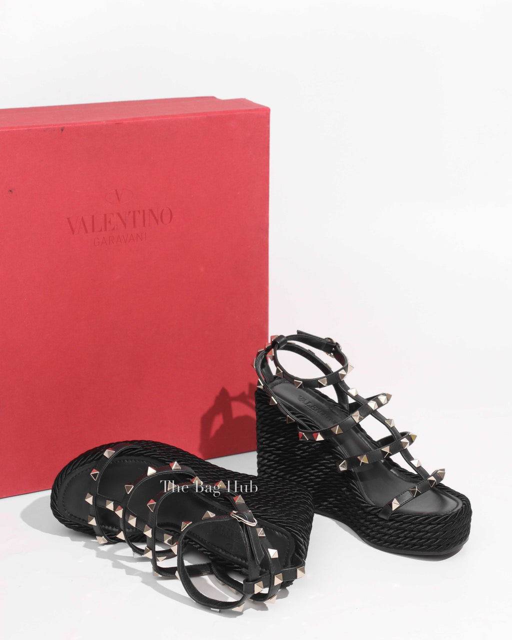 Valentino Garavani Black Rockstud Ankle Strap Wedge Sandal 95MM Size 35-1