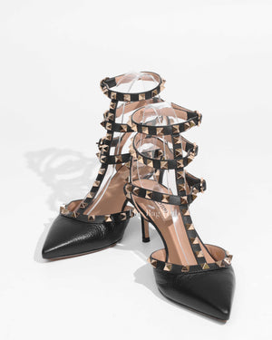 Valentino Garavani Black Grained Leather Caged Rockstud Kitten Heels Size 37-1