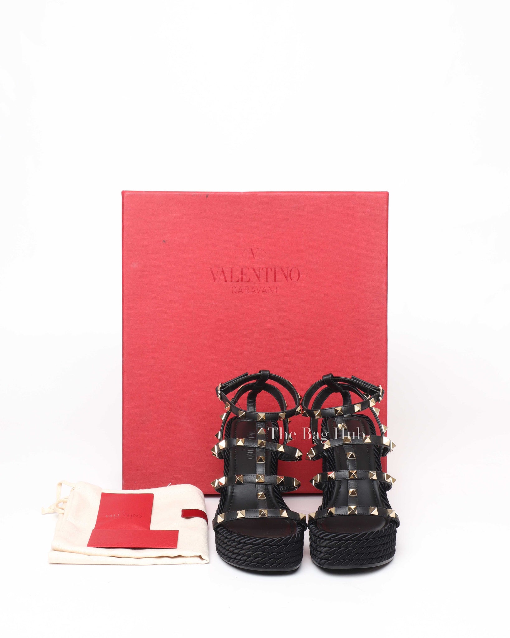 Valentino Garavani Black Rockstud Ankle Strap Wedge Sandal 95MM Size 35-9