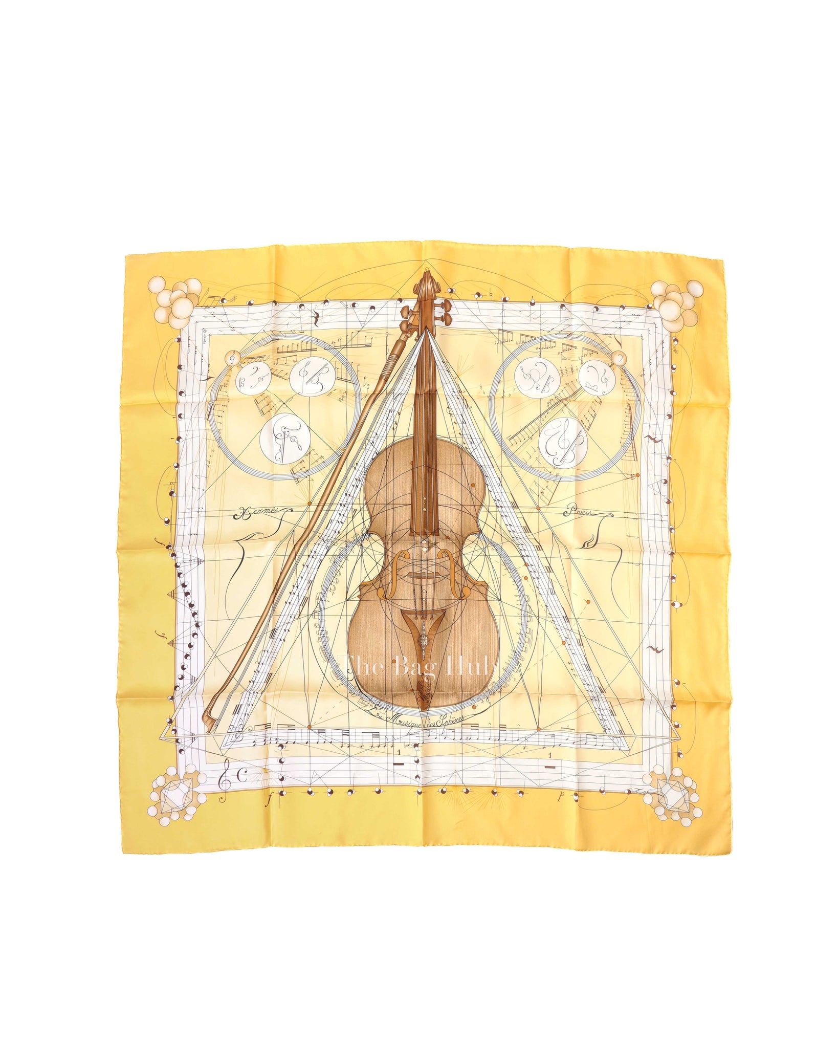Hermes Yellow La Musique des Spheres Violin Silk Scarf 90-2