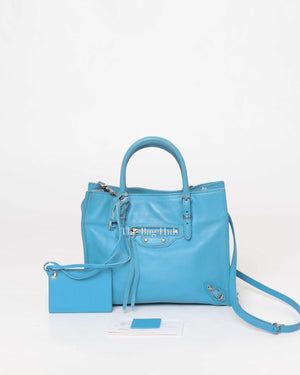 Balenciaga Bleu Azur Leather Papier Mini A4 Zip Around Bag-13
