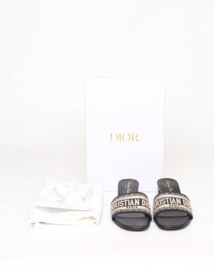 Dior Deep Blue Embroidered Cotton Dway Heeled Slides Size 39-9