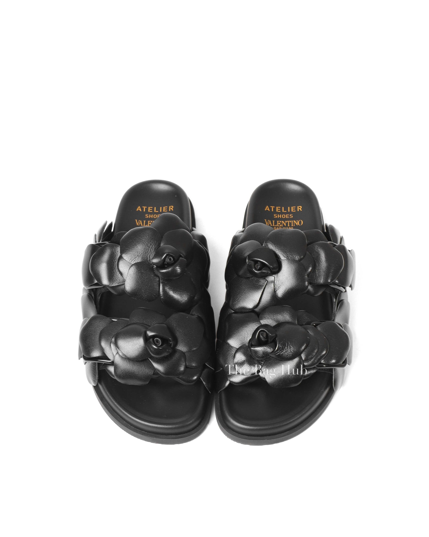 Valentino Black Leather Atelier 03 Rose Edition Slides Size 37.5-4