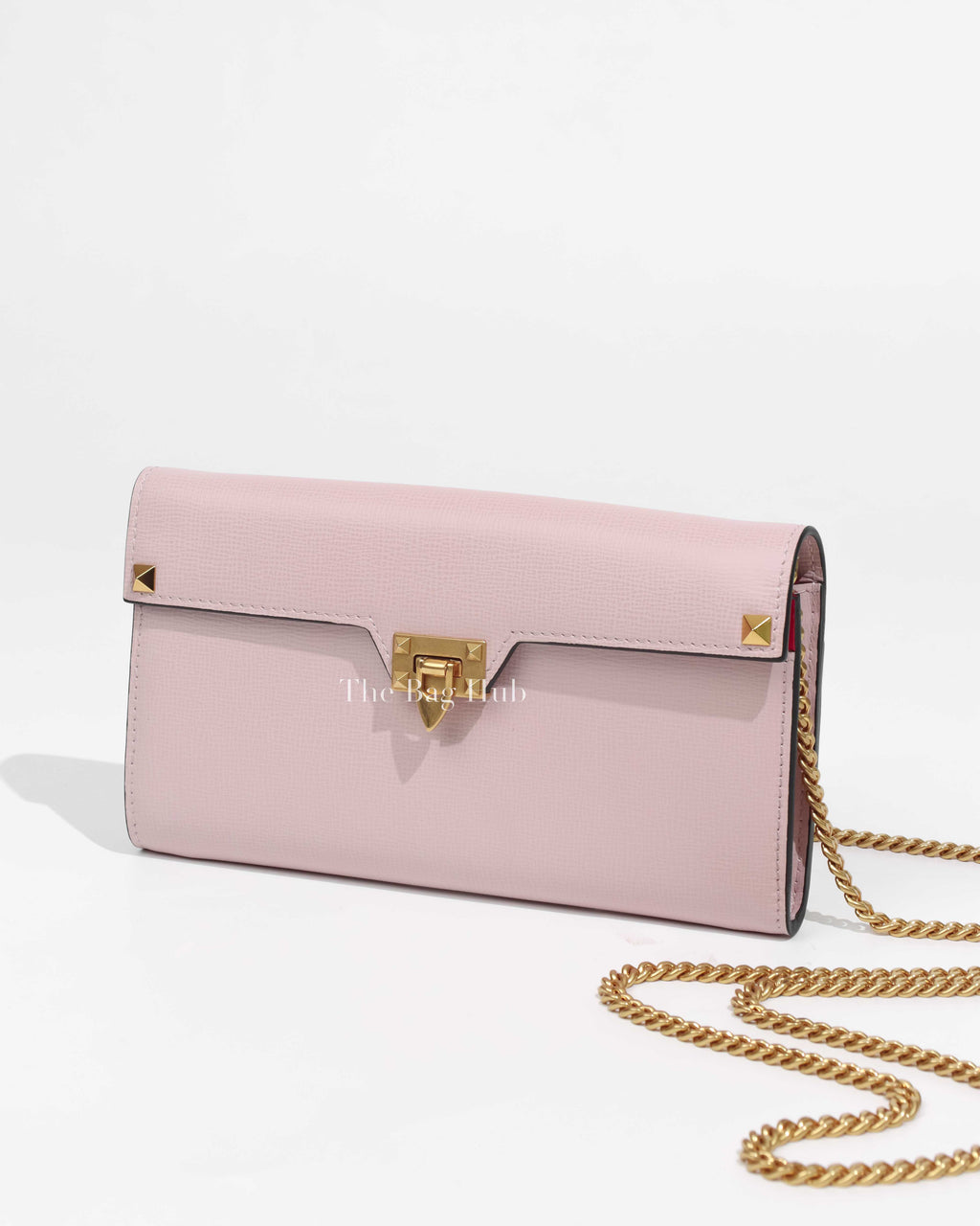 Valentino Light Pink Leather Rockstud Flap Wallet on Chain