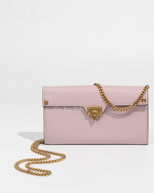 Valentino Light Pink Leather Rockstud Flap Wallet on Chain