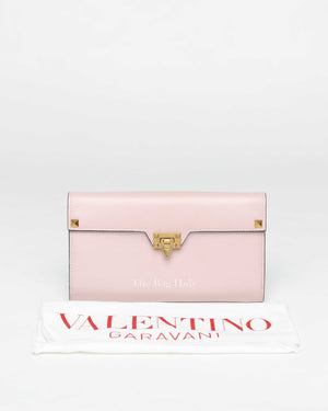 Valentino Light Pink Leather Rockstud Flap Wallet on Chain