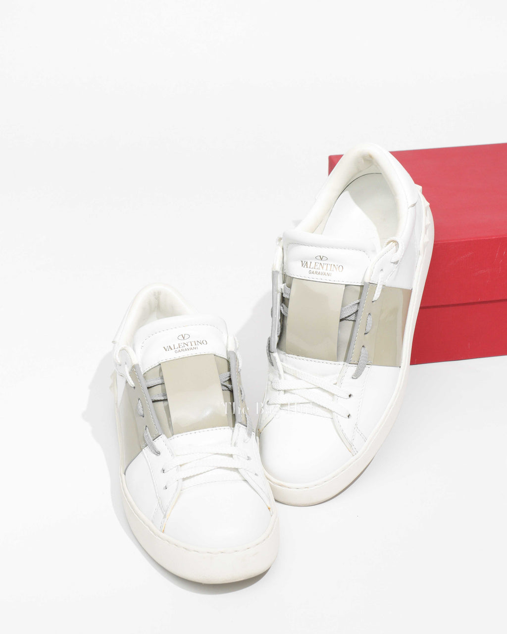 Valentino Garavani White/Light Green Patent Leather Band Open Low Top Sneakers Size 38-1