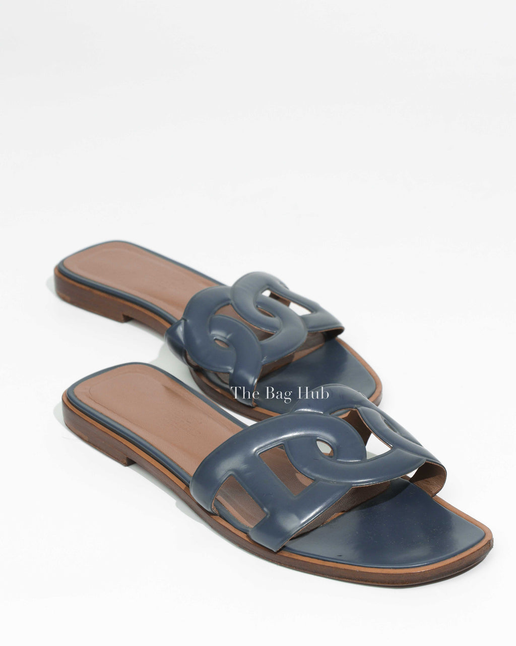 Hermes Teal Blue Leather Aloha Slides Flat Size 36-1