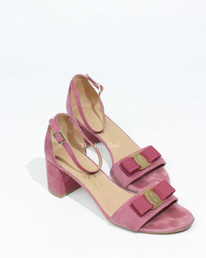 Salvatore Ferragamo Pink Suede Gavina Bow Ankle Strap Sandal Size 8 1/2-Image-1