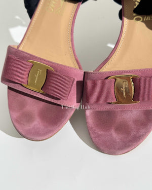 Salvatore Ferragamo Pink Suede Gavina Bow Ankle Strap Sandal Size 8 1/2-Image-9