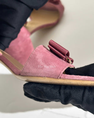 Salvatore Ferragamo Pink Suede Gavina Bow Ankle Strap Sandal Size 8 1/2-Image-14