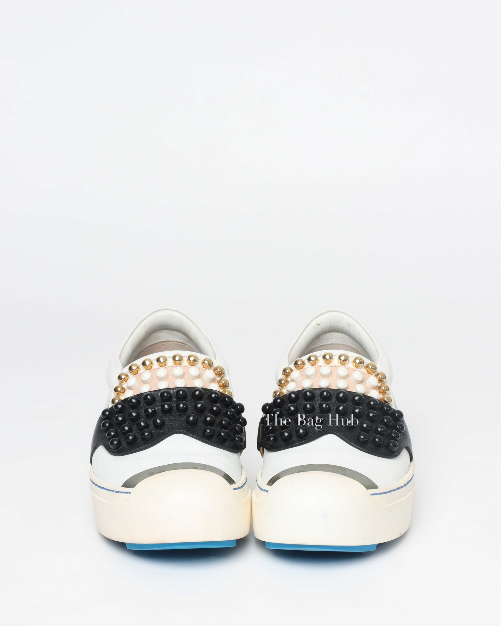 Fendi White/Balck/Gold Calf Leather Studded Karlito Low Top Women Sneakers Size 37-Image-2