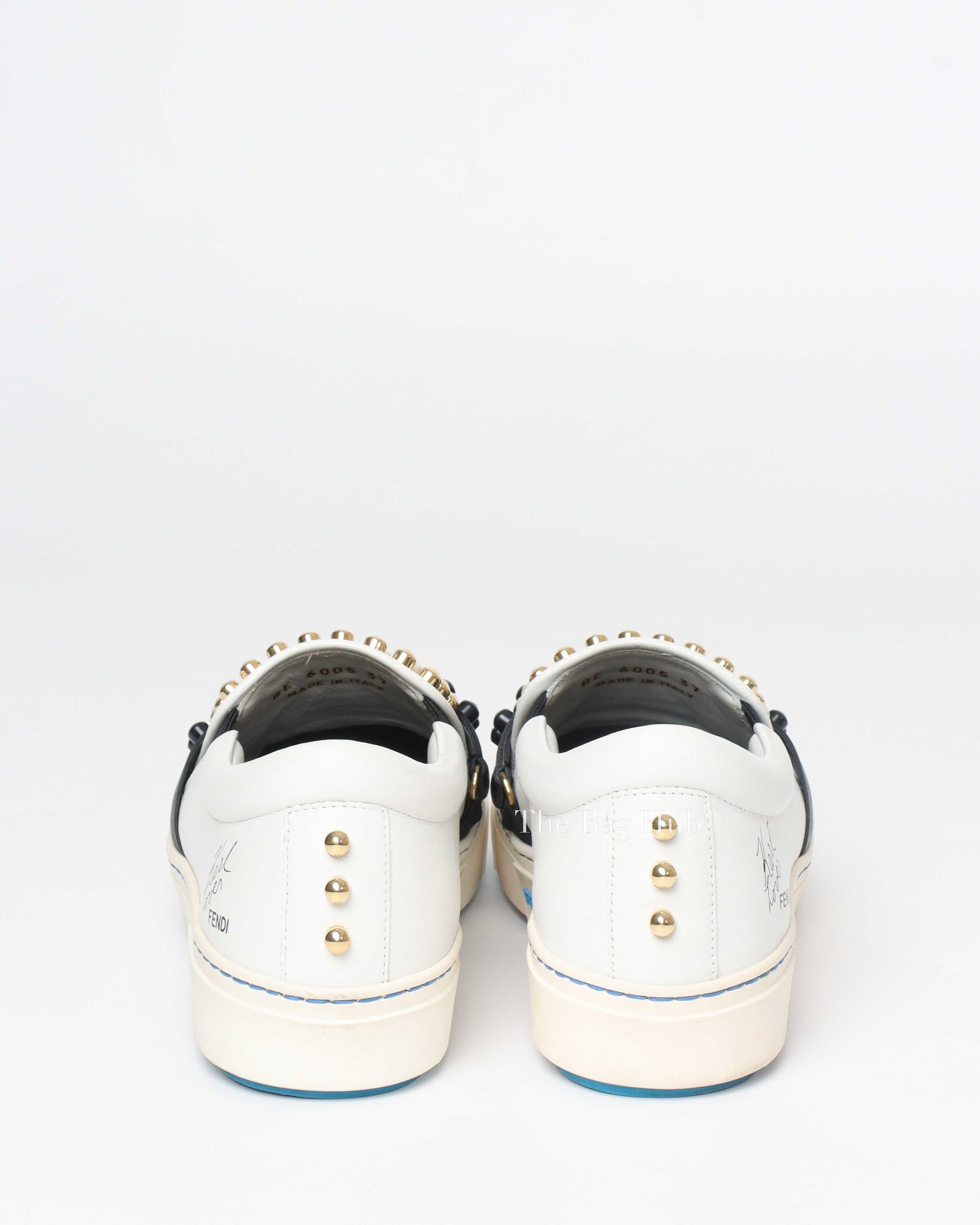 Fendi White/Balck/Gold Calf Leather Studded Karlito Low Top Women Sneakers Size 37-Image-3