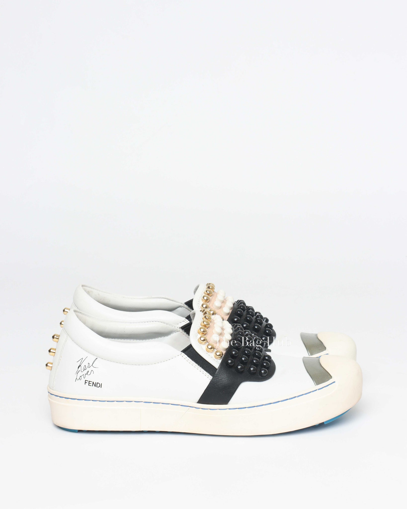 Fendi White/Balck/Gold Calf Leather Studded Karlito Low Top Women Sneakers Size 37-Image-4