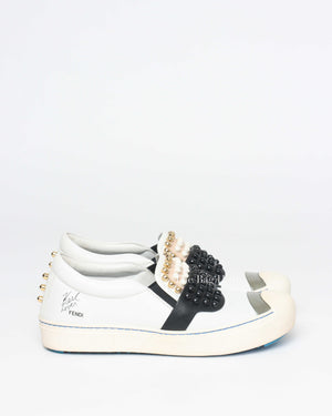 Fendi White/Balck/Gold Calf Leather Studded Karlito Low Top Women Sneakers Size 37-Image-4