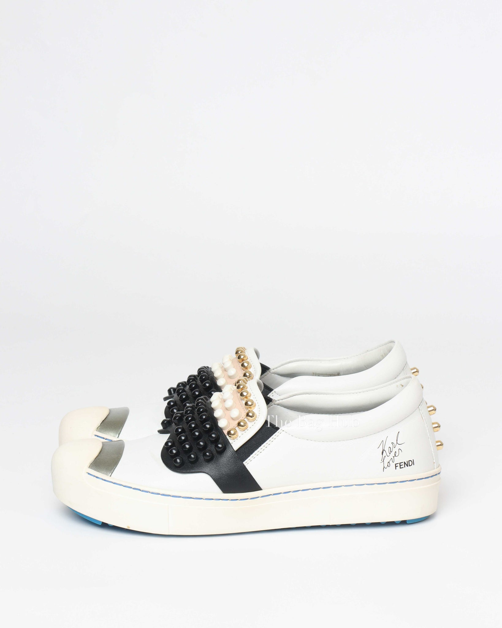 Fendi White/Balck/Gold Calf Leather Studded Karlito Low Top Women Sneakers Size 37-Image-5