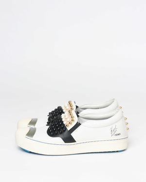 Fendi White/Balck/Gold Calf Leather Studded Karlito Low Top Women Sneakers Size 37-Image-5