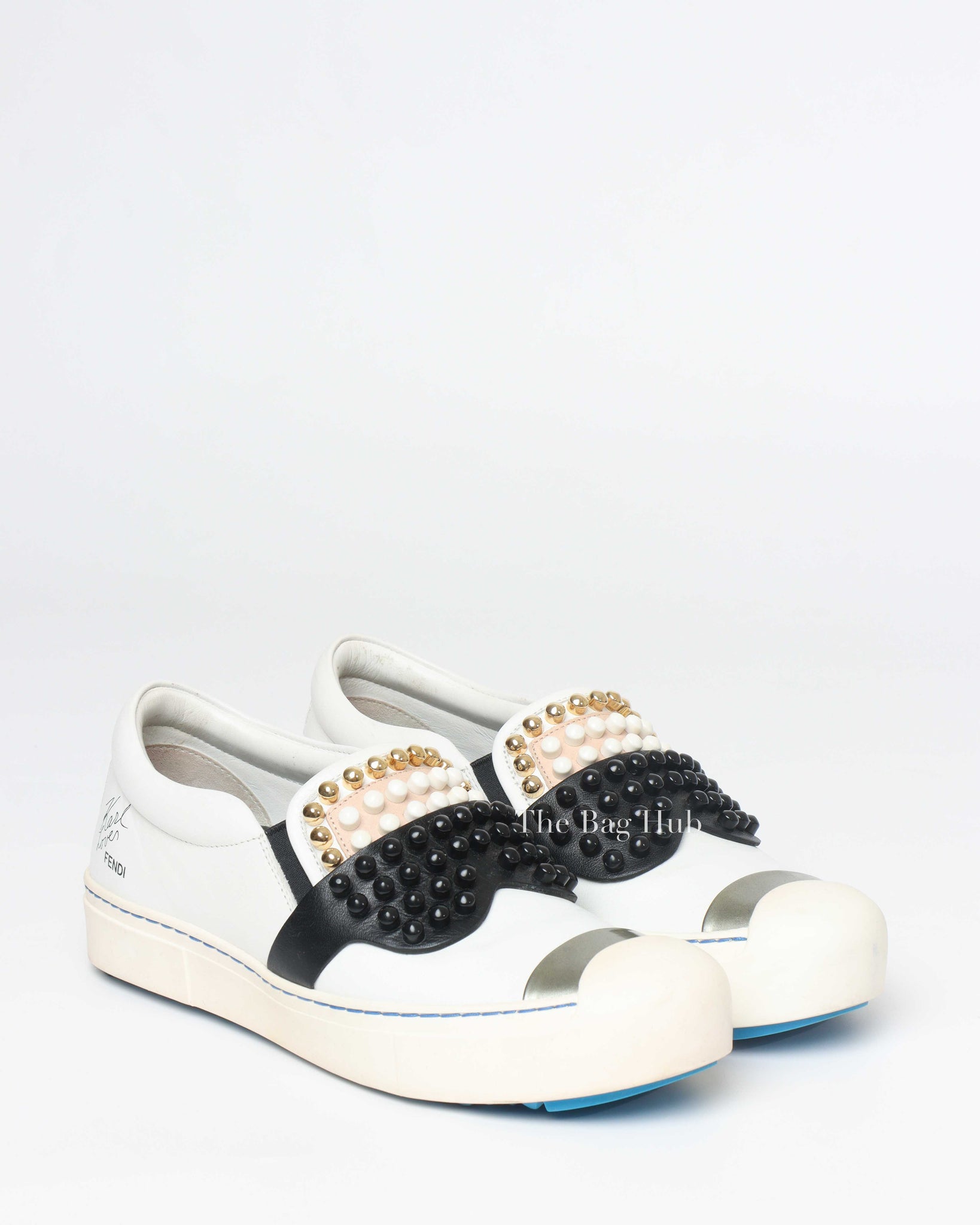 Fendi White/Balck/Gold Calf Leather Studded Karlito Low Top Women Sneakers Size 37-Image-6