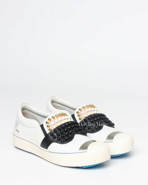 Fendi White/Balck/Gold Calf Leather Studded Karlito Low Top Women Sneakers Size 37-Image-6